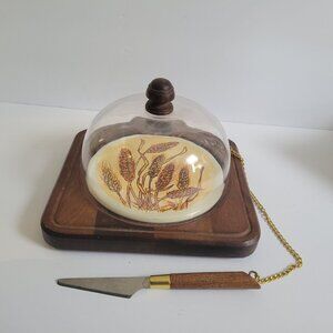 Vintage Wheat Pattern Cheese Board With Glass Dome & Knife Set